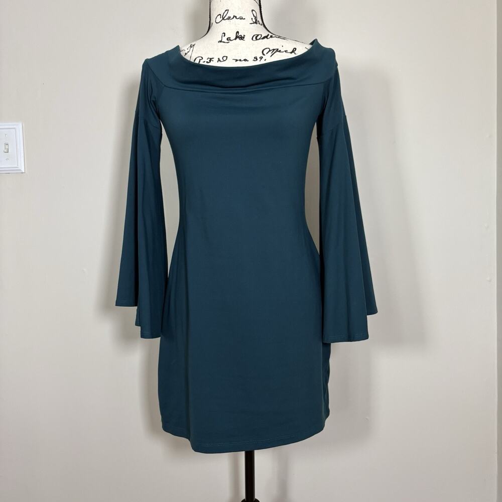 Susana Monaco Bell Sleeve Mini Dress Peacock SZ L Fall Wedding Guest Cocktail